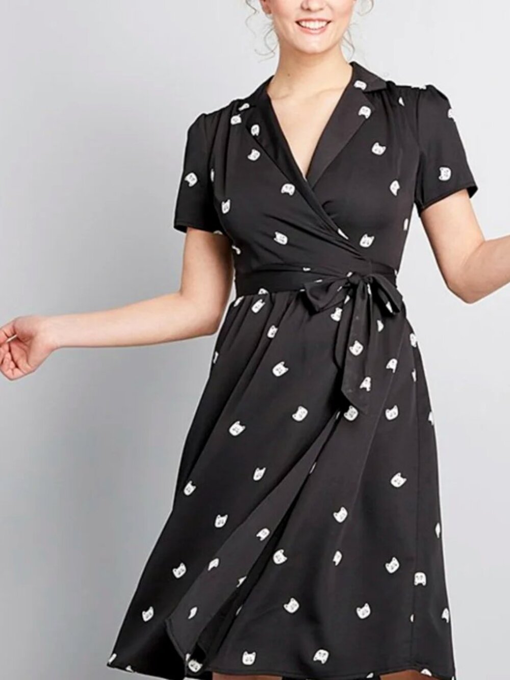 Modcloth Kitty Cat Print "Tied and Timeless" Black Wrap Dress